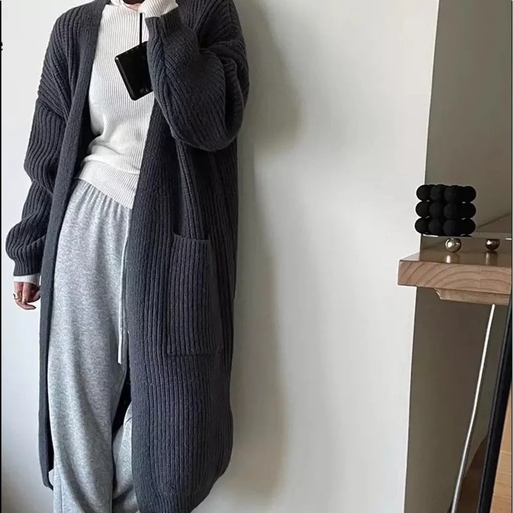GORGEOUS Chunky Thick Long Below Knee Duster Rib Dark Cream Cardigan Coat - Picture 5 of 7